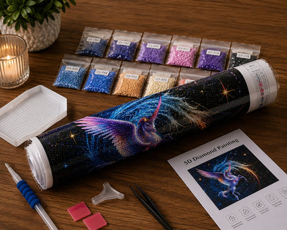 Diamond painting kit supplies including rolled canvas, numbered diamond bags, applicator pen, and tweezers | Azurra Shop