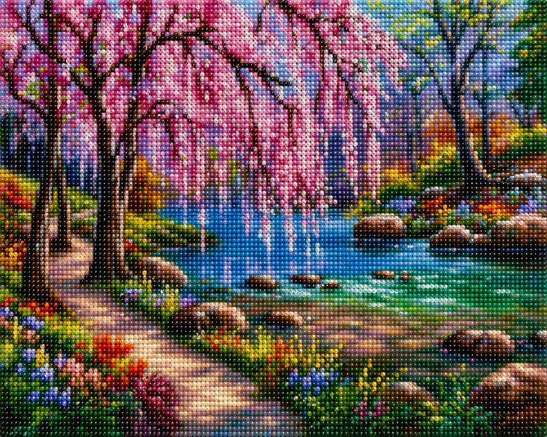 Close up of the finished weeping cherry blossom stream diamond painting with sparkling drills | Azurra Shop