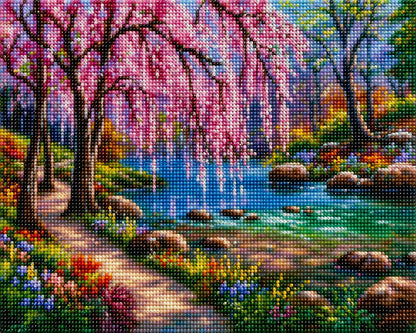 Close up of the finished weeping cherry blossom stream diamond painting with sparkling drills | Azurra Shop