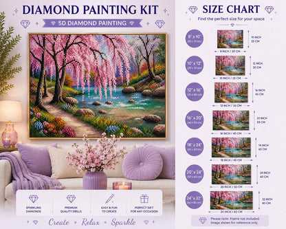 Framed weeping cherry blossom stream diamond painting displayed in a cozy living room | Azurra Shop