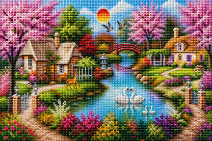 Close up of the finished cherry blossom river cottage diamond painting with sparkling drills | Azurra Shop