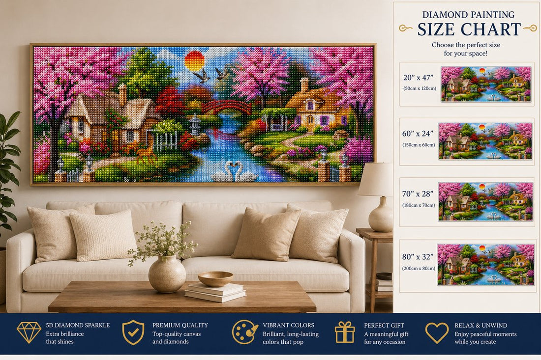 Framed cherry blossom river cottage diamond painting displayed in a bright cozy room | Azurra Shop