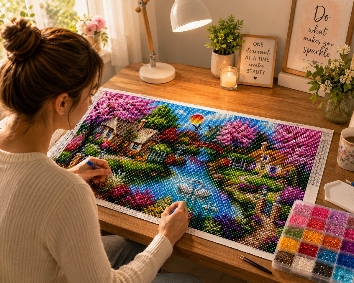 Working on the cherry blossom river cottage panoramic kit at a warm wooden desk with a drill organizer and candle | Azurra Shop