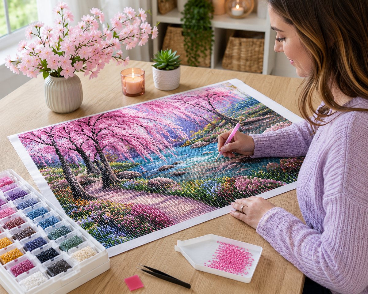 Working on the weeping cherry blossom stream kit at a cozy desk with drill tools nearby | Azurra Shop