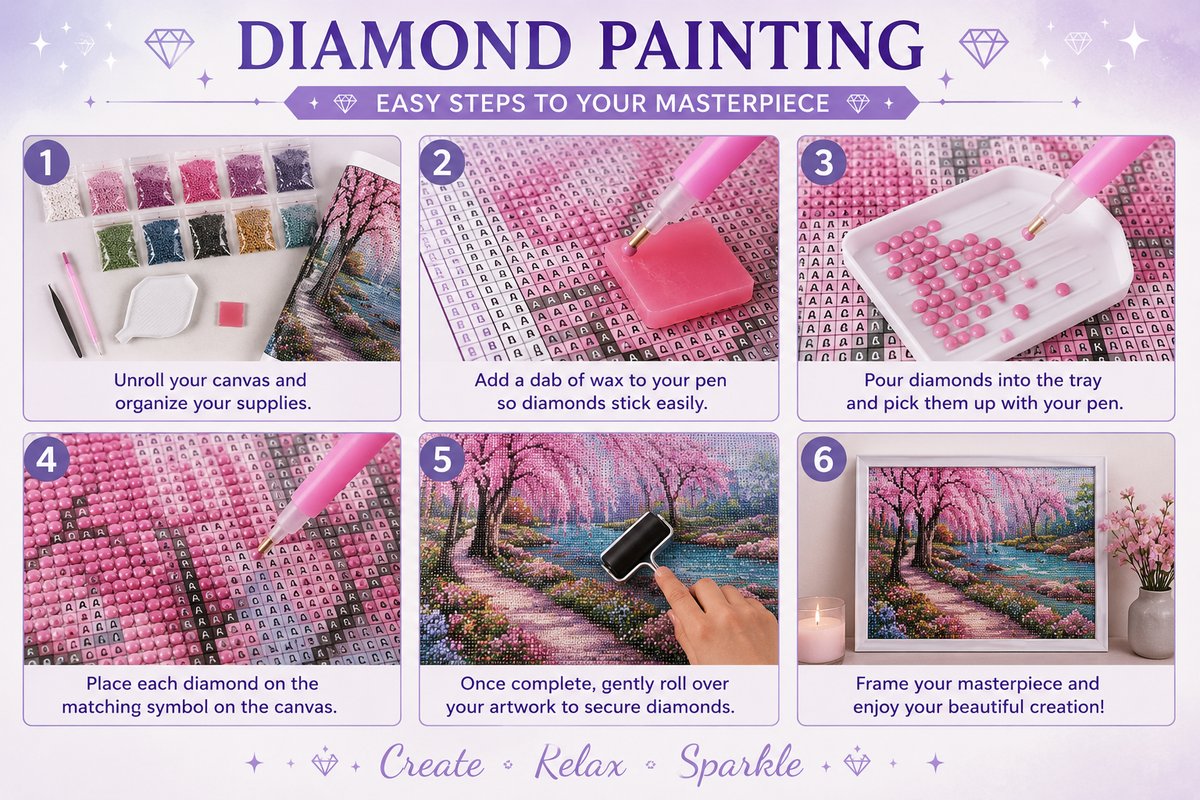 Step by step guide showing how to complete the weeping cherry blossom stream diamond painting | Azurra Shop