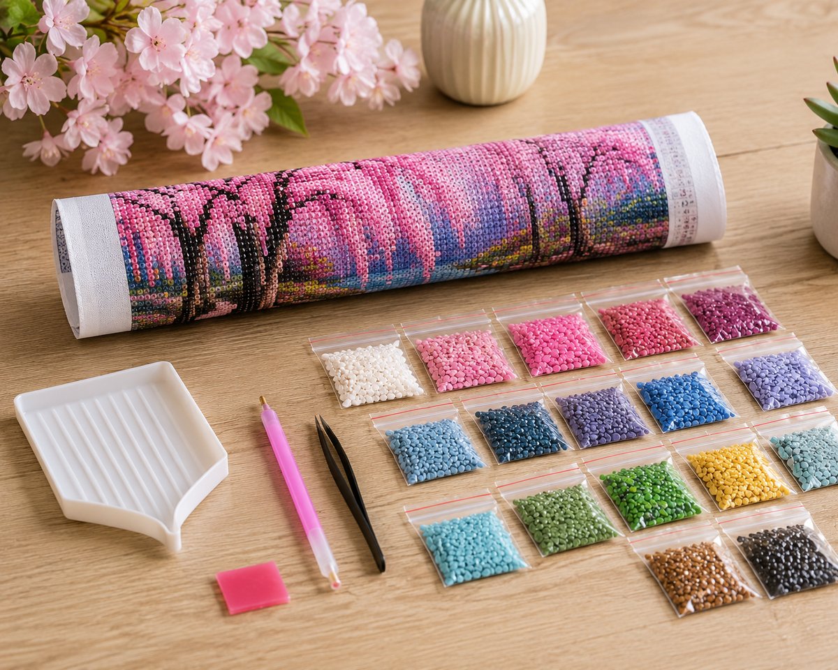 Rolled canvas and supplies for the weeping cherry blossom stream kit, including drill packets, applicator pen, and wax pad | Azurra Shop