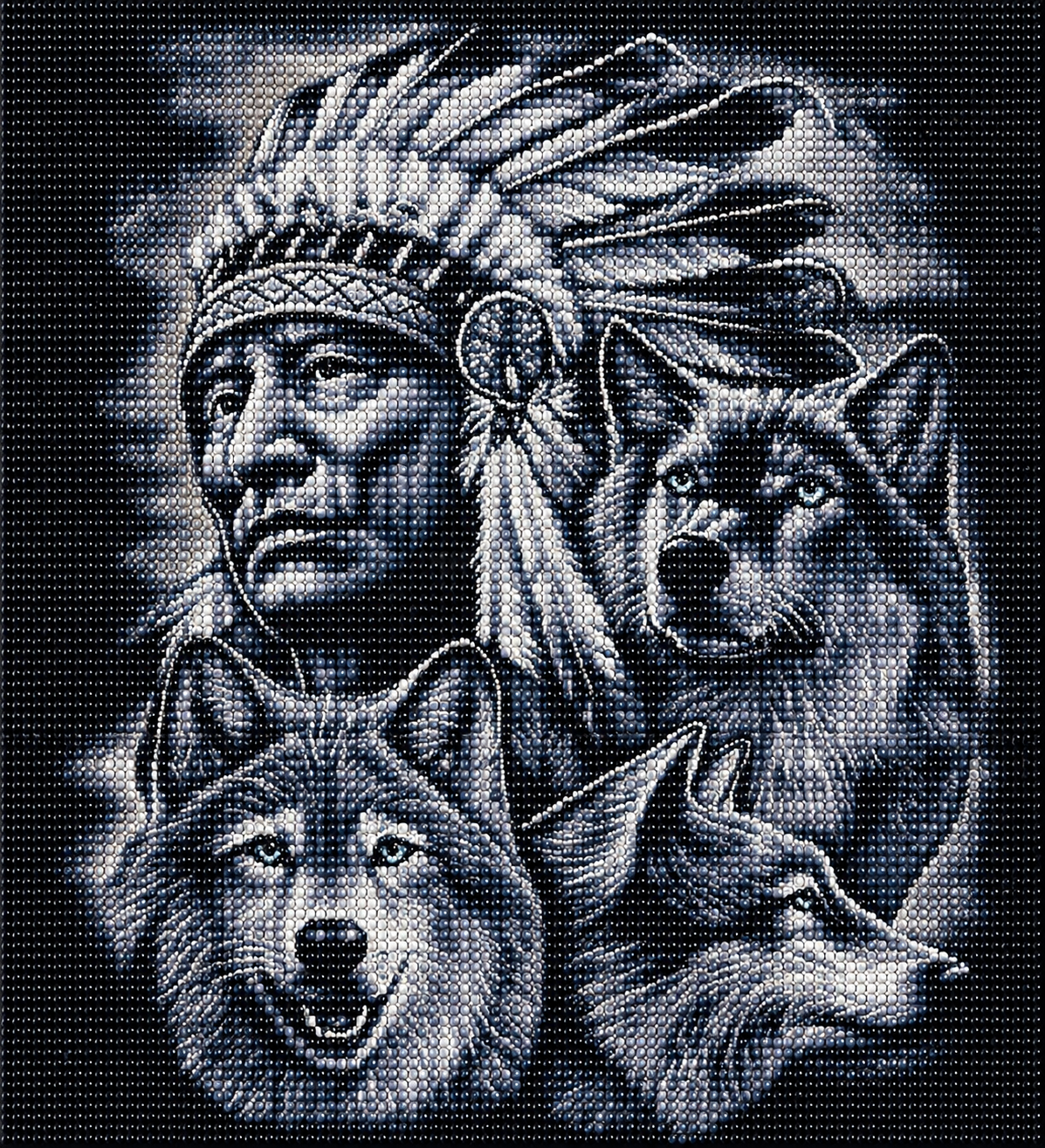 Native American Chief &amp; Three Wolves Diamond Painting Kit – black and grey portrait of a chief in feathered headdress with three wolf heads, sparkling resin drill texture — Azurra Shop
