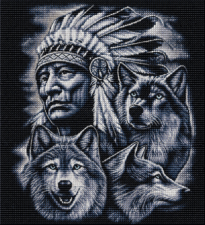 Native American Chief &amp; Three Wolves Diamond Painting Kit – black and grey portrait of a chief in feathered headdress with three wolf heads, sparkling resin drill texture — Azurra Shop
