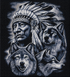 Native American Chief & Three Wolves Diamond Painting Kit – black and grey portrait of a chief in feathered headdress with three wolf heads, sparkling resin drill texture — Azurra Shop
