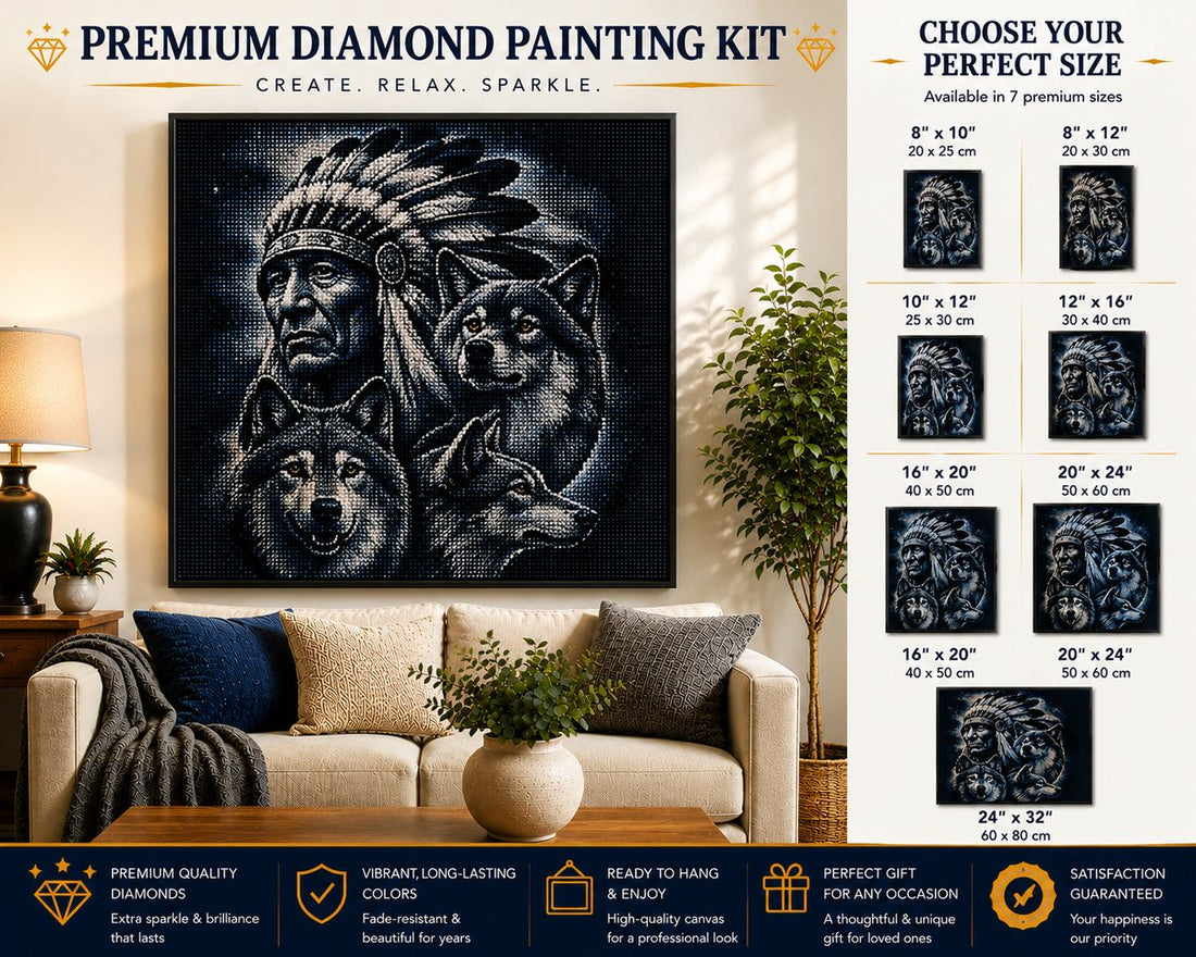 Framed Native American chief and three wolves diamond painting displayed in a living room | Azurra Shop