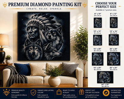 Framed Native American chief and three wolves diamond painting displayed in a living room | Azurra Shop