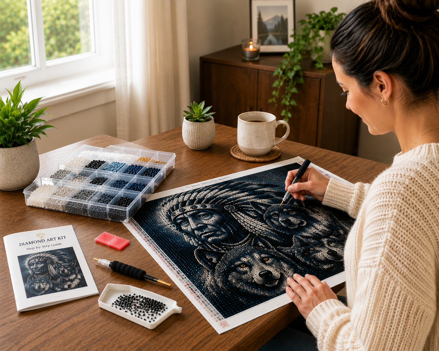Native American Chief &amp; Three Wolves Diamond Painting Kit – woman placing resin drills on canvas at a cozy home workspace with organized diamond storage and tools — Azurra Shop
