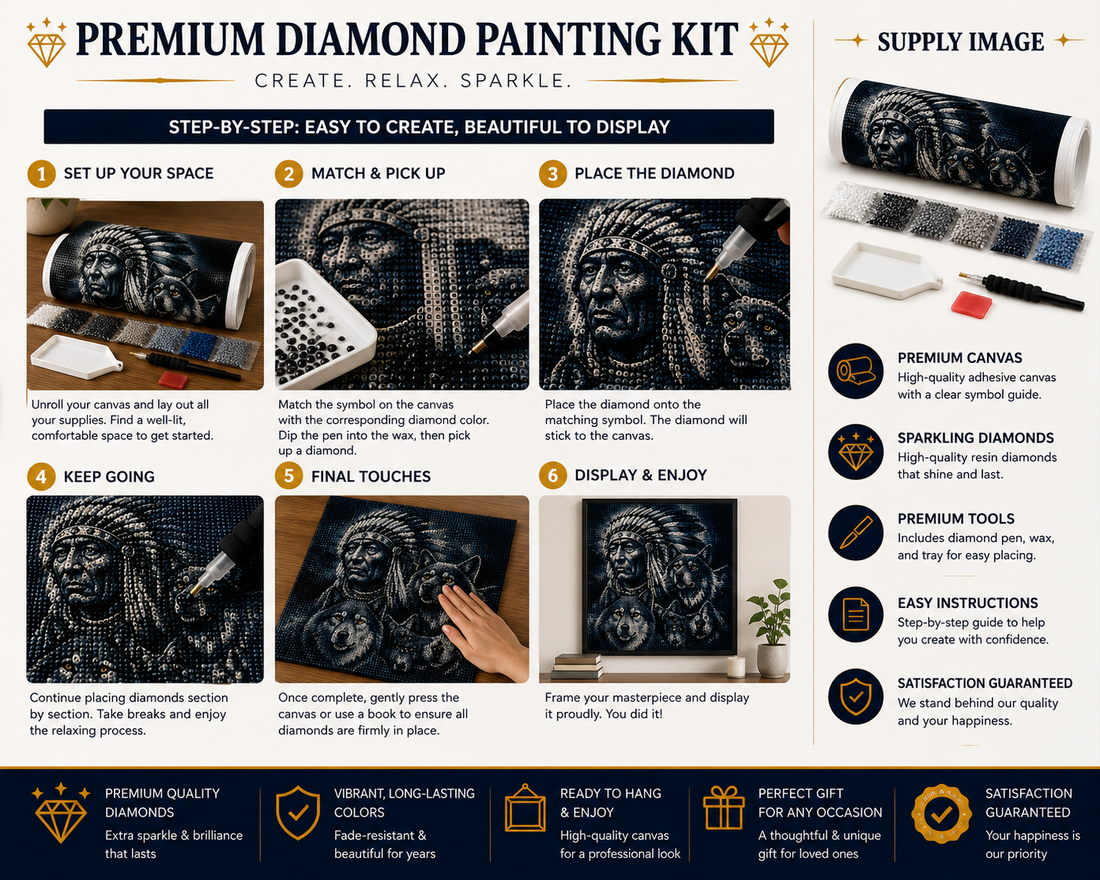 Native American Chief &amp; Three Wolves Diamond Painting Kit – premium kit infographic showing 6-step process, supply list, and satisfaction guarantee — Azurra Shop
