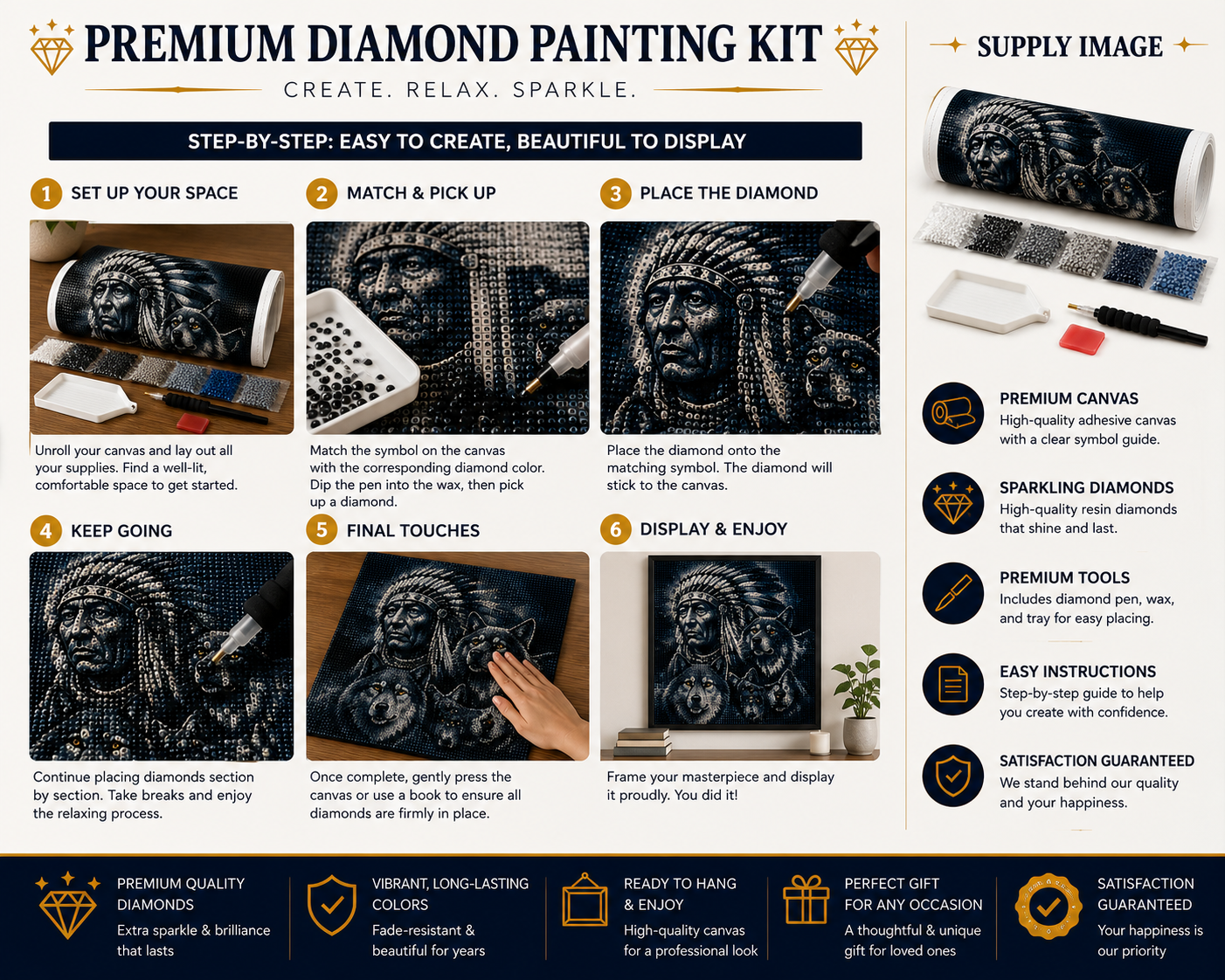 Native American Chief &amp; Three Wolves Diamond Painting Kit – premium kit infographic showing 6-step process, supply list, and satisfaction guarantee — Azurra Shop
