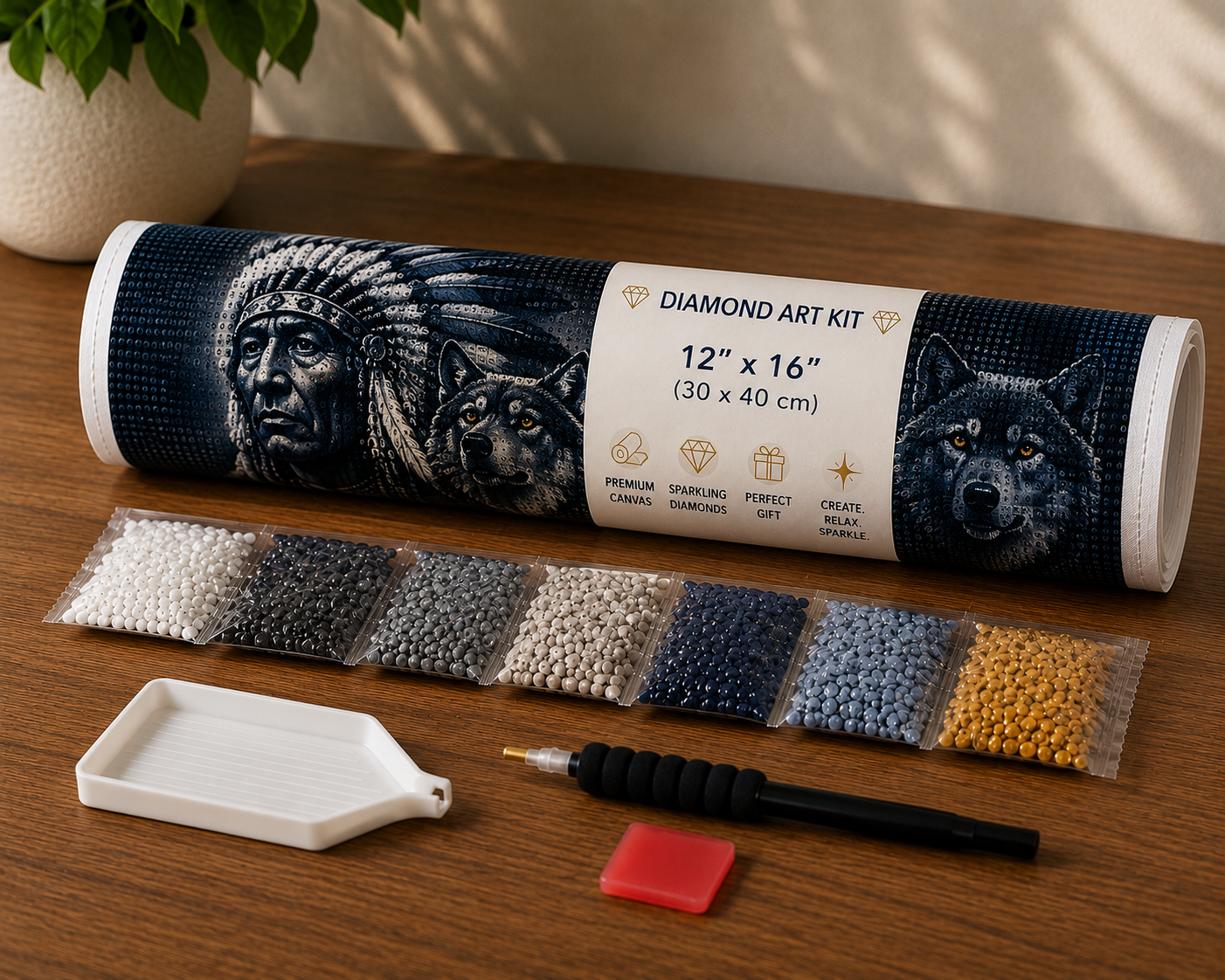 Native American Chief &amp; Three Wolves Diamond Painting Kit – rolled canvas tube with diamond drill color strips, applicator pen, wax pad, and tray laid out on wooden surface — Azurra Shop
