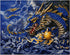 Finished Chinese dragon diamond painting with a blue and gold dragon holding a glowing pearl amid lightning and crashing waves | Azurra Shop