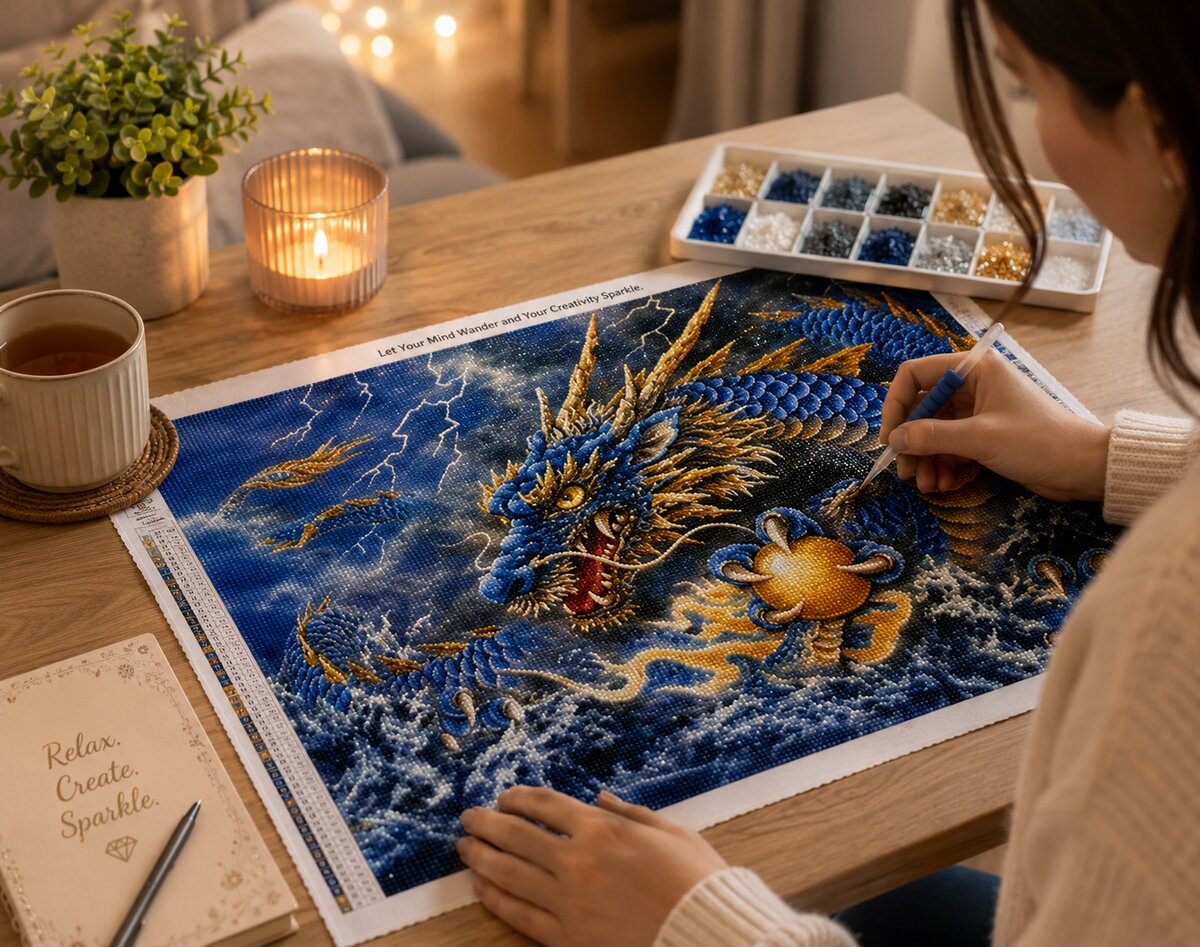 Woman placing diamonds on the Chinese dragon canvas at a table with tea and candles | Azurra Shop