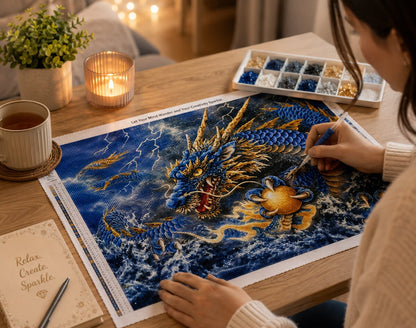 Woman placing diamonds on the Chinese dragon canvas at a table with tea and candles | Azurra Shop