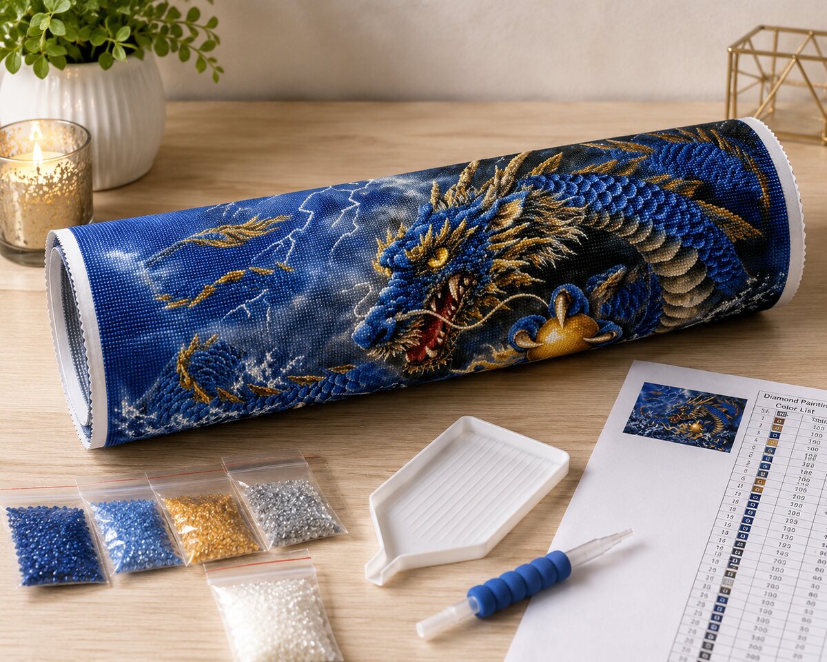 Diamond painting kit supplies including rolled canvas, sorted diamond bags, applicator pen, and color chart | Azurra Shop
