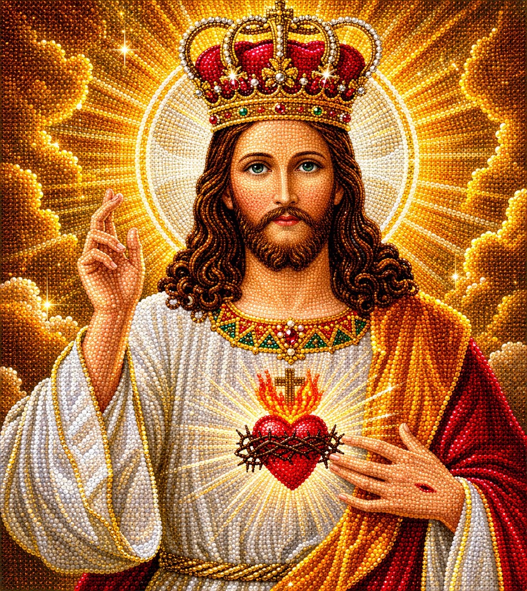 Close up of the finished Christ the King diamond painting, wearing a jeweled crown with a glowing Sacred Heart