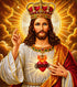 Close up of the finished Christ the King diamond painting, wearing a jeweled crown with a glowing Sacred Heart