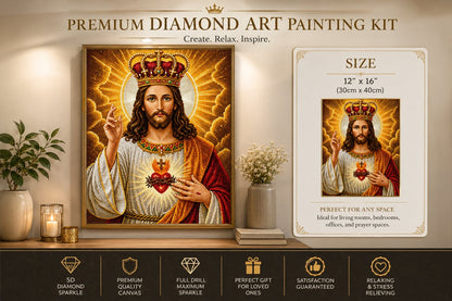 Christ the King diamond painting framed on a wall, shown with the size chart