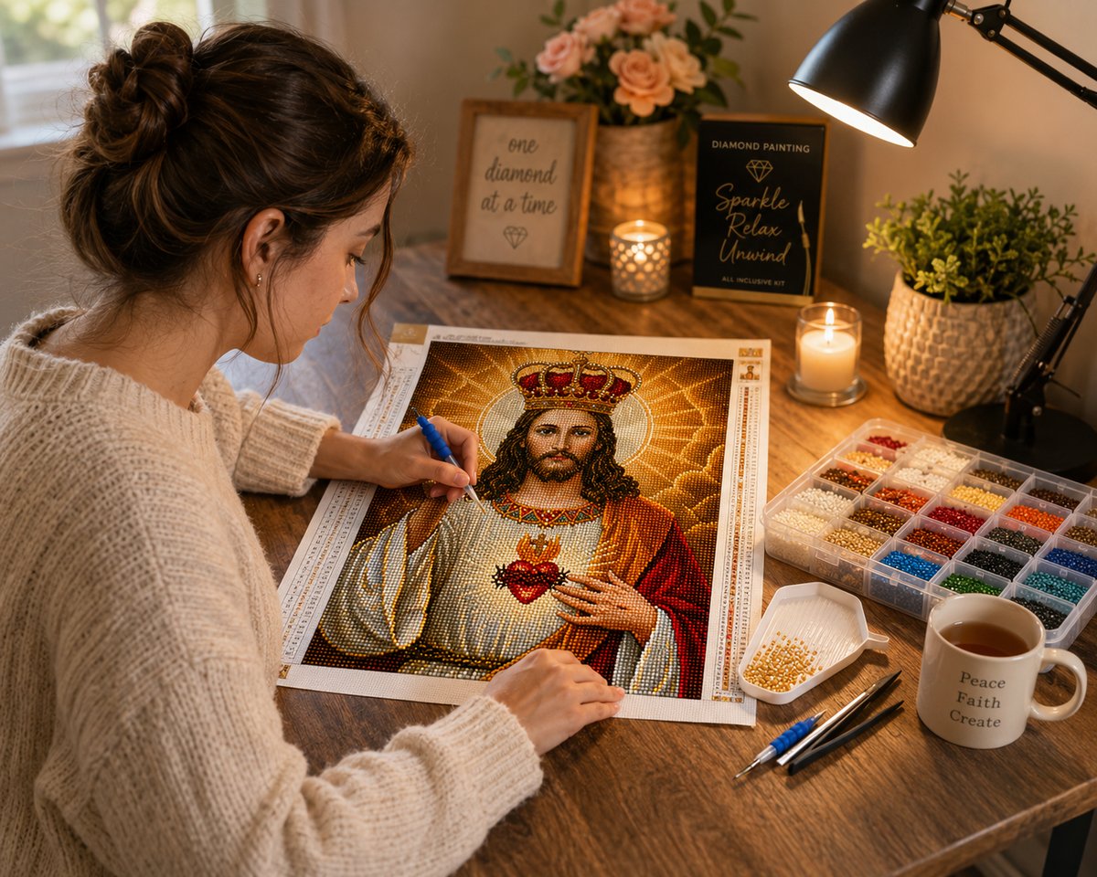 Working on the Christ the King kit at a cozy candlelit desk