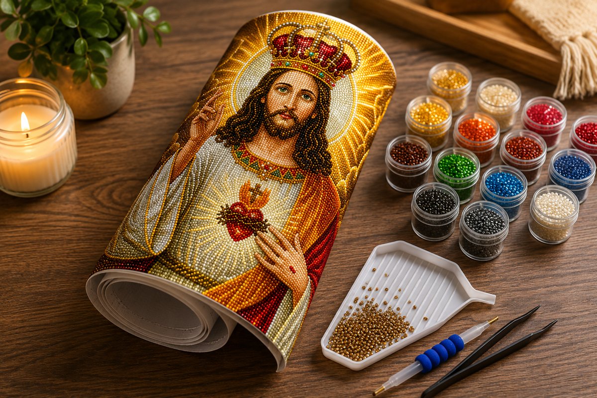 Rolled canvas and full supplies for the Christ the King kit, including drill trays, applicator pen, and tweezers
