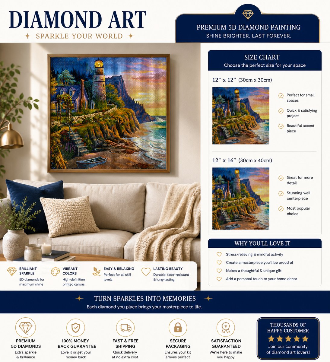Framed cliffside lighthouse diamond painting displayed above a cream sofa | Azurra Shop