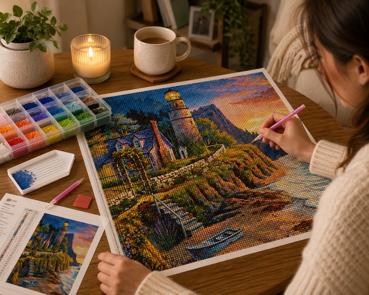 Working on the cliffside lighthouse kit at a cozy wooden desk with tea and a candle | Azurra Shop