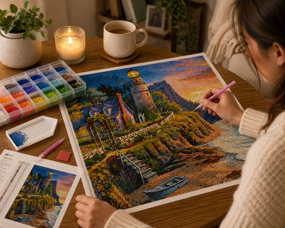 Working on the cliffside lighthouse kit at a cozy wooden desk with tea and a candle | Azurra Shop