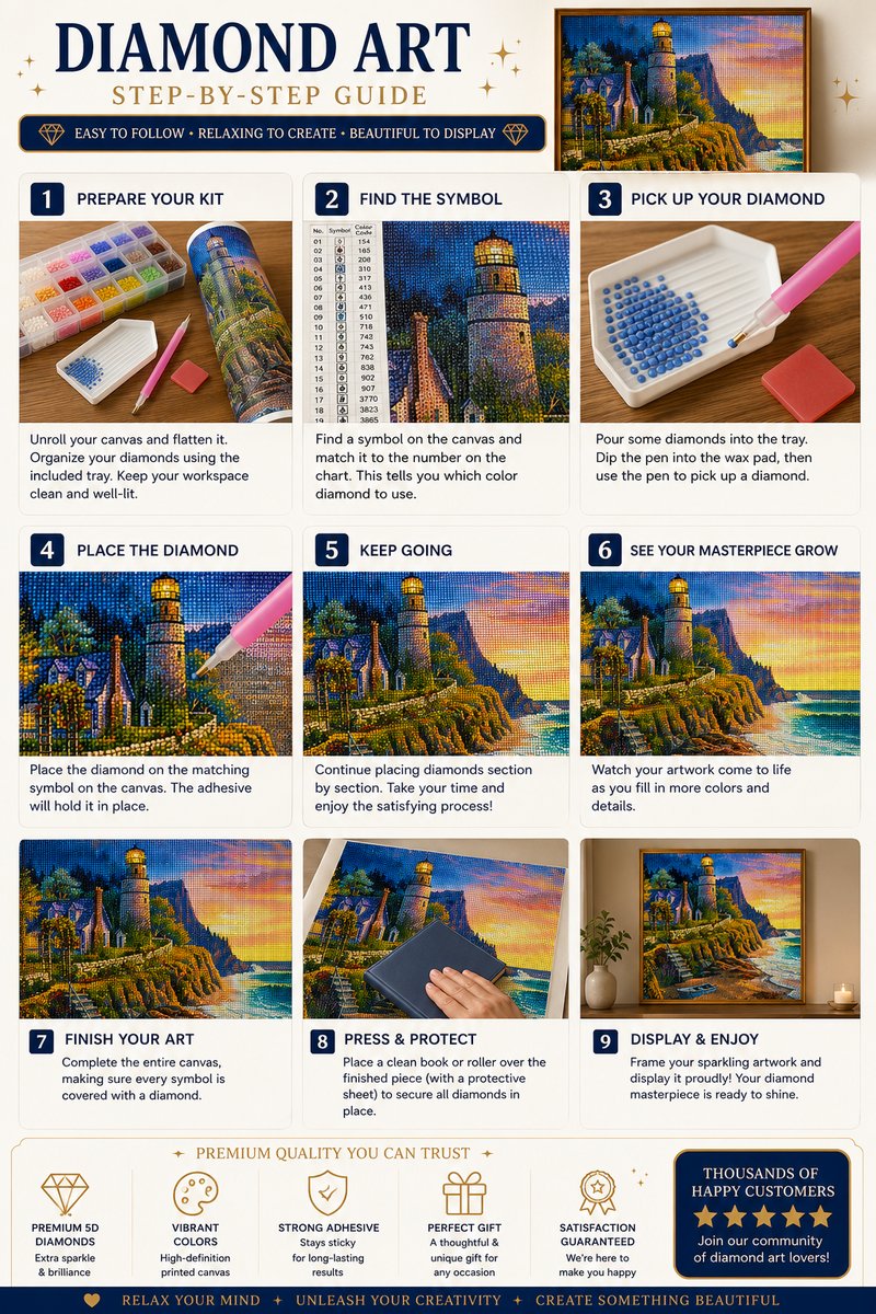 Nine step guide showing how to complete the cliffside lighthouse diamond painting | Azurra Shop
