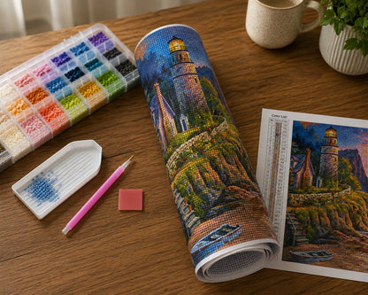 Rolled canvas and supplies for the cliffside lighthouse kit, including drills, applicator pen, and wax pad | Azurra Shop