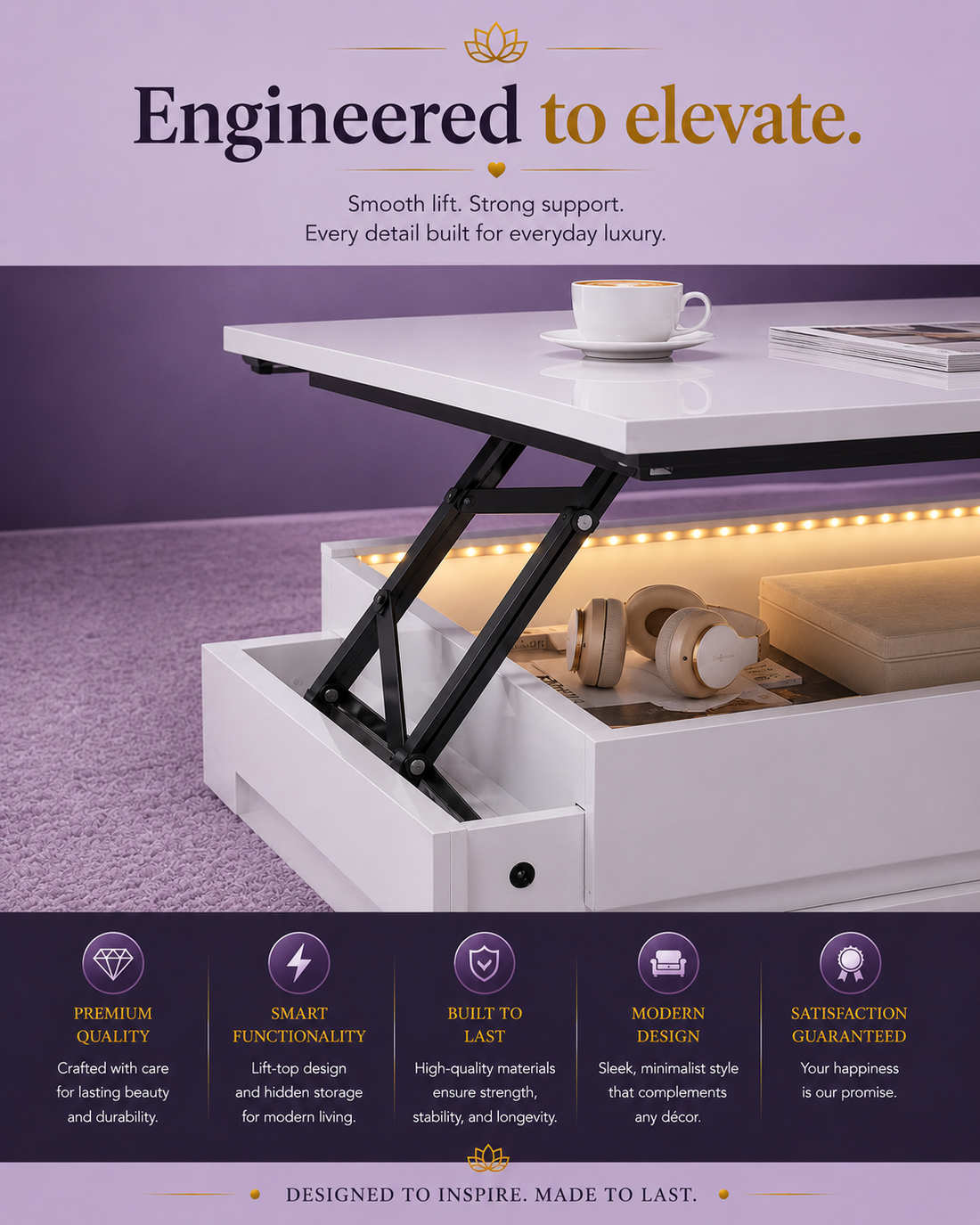 Lift-Top Coffee Table with LED Lights &amp; 4 Drawers — White