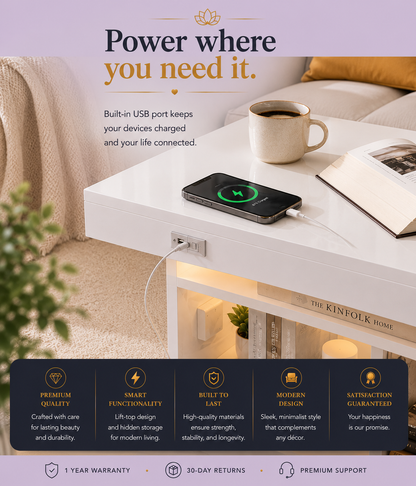 High Gloss Coffee Table with LED Lights &amp; USB Charging — White