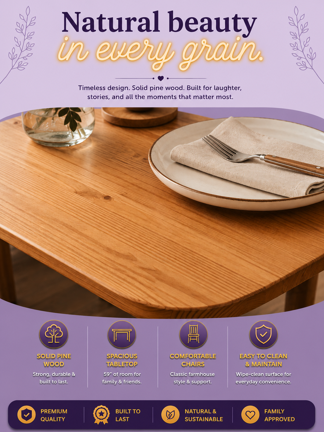 59" Pine Wood Rustic Dining Table for 6