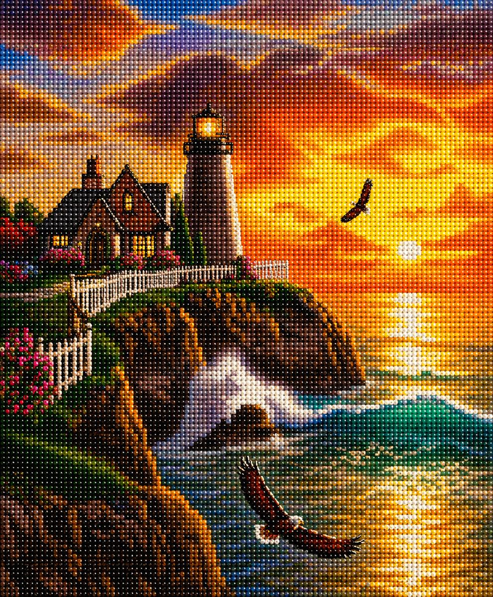Close up of the finished coastal lighthouse at golden hour diamond painting with sparkling drills | Azurra Shop