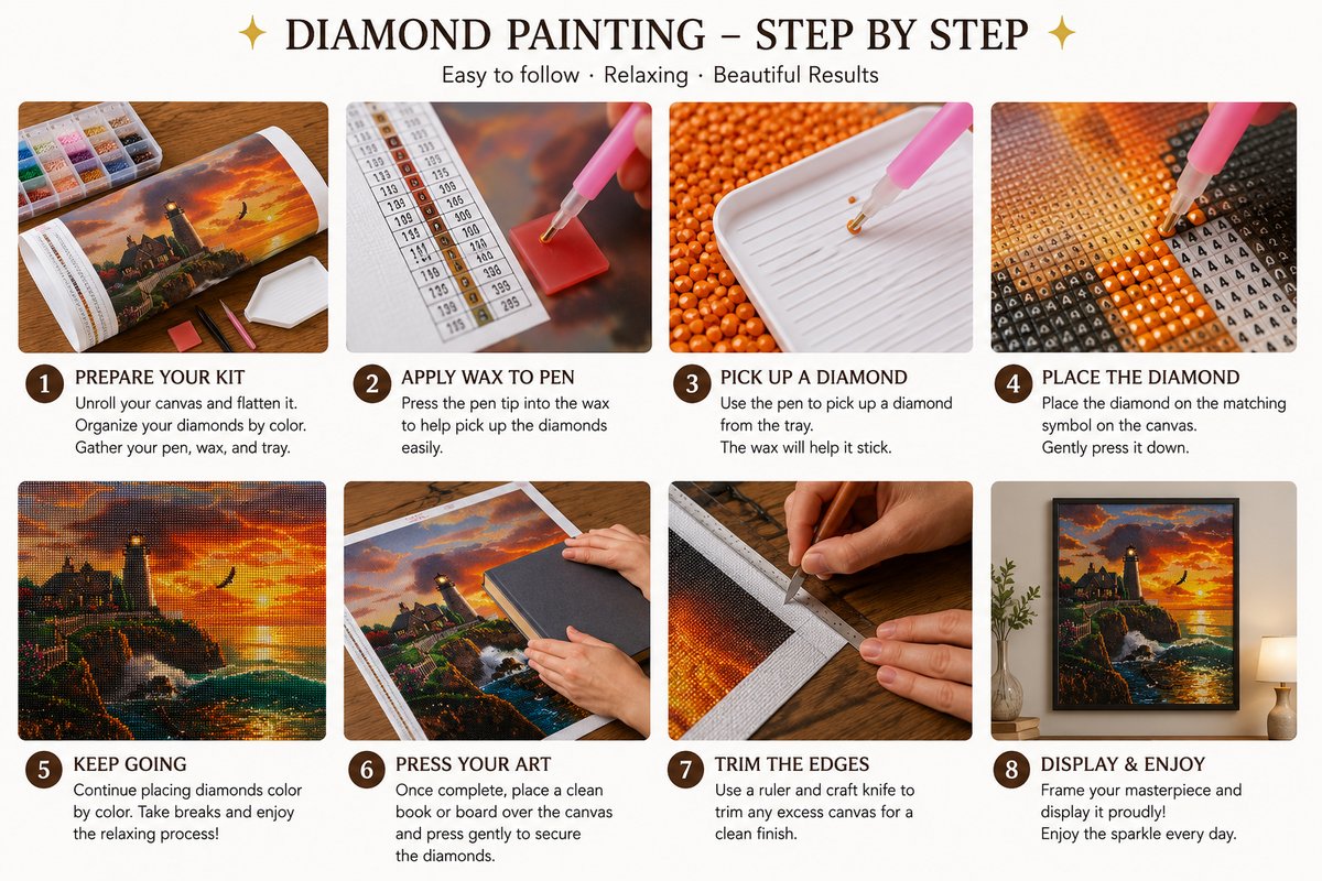 Eight step guide showing how to complete the coastal lighthouse at golden hour diamond painting | Azurra Shop