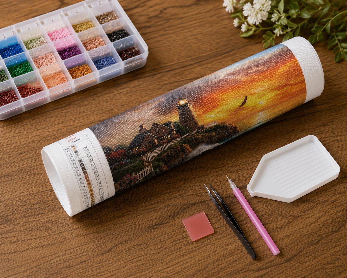 Rolled canvas and supplies for the coastal lighthouse at golden hour kit, including drill organizer, sorting tray, and applicator pen | Azurra Shop