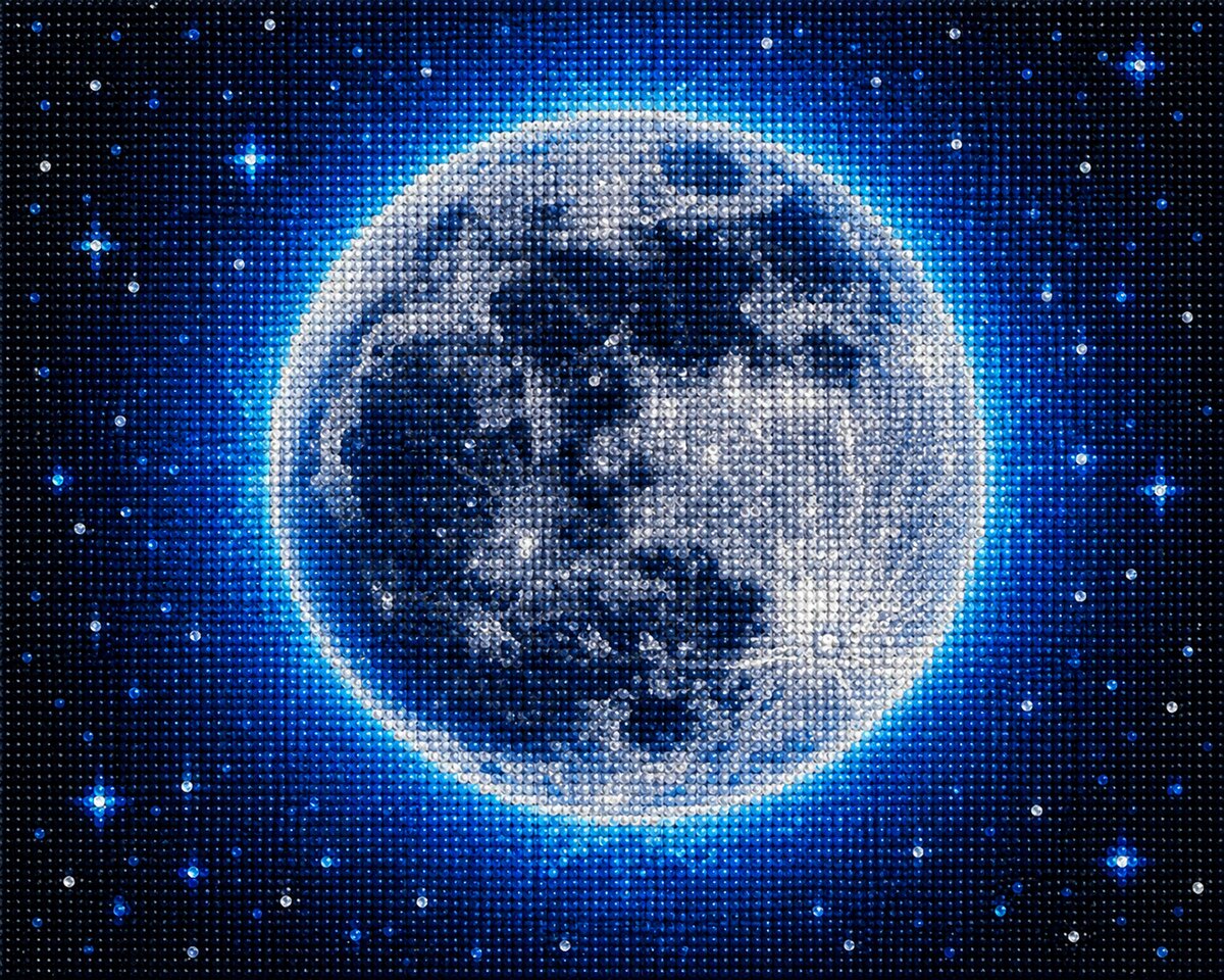 Finished cobalt halo moon diamond painting with a glowing blue full moon surrounded by stars on a dark sky | Azurra Shop