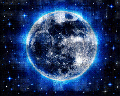 Finished cobalt halo moon diamond painting with a glowing blue full moon surrounded by stars on a dark sky | Azurra Shop