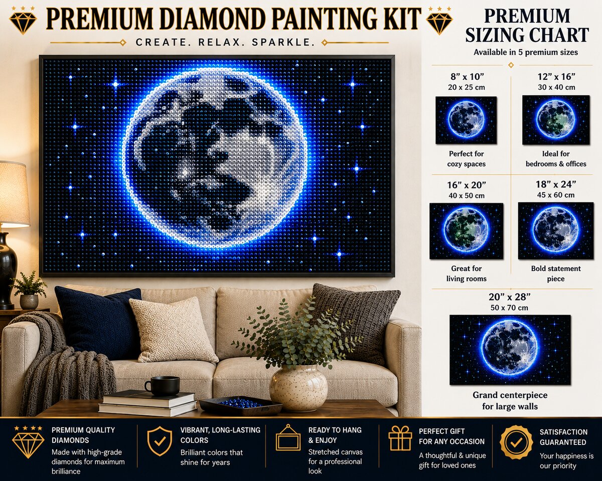 Cobalt halo moon diamond painting framed above a living room sofa, available in 5 sizes from 8 by 10 to 20 by 28 inches | Azurra Shop