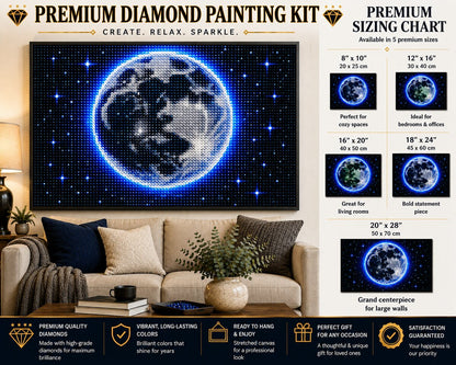 Cobalt halo moon diamond painting framed above a living room sofa, available in 5 sizes from 8 by 10 to 20 by 28 inches | Azurra Shop