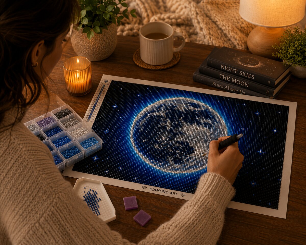 Woman placing diamonds on the cobalt halo moon canvas at a desk with coffee and a candle | Azurra Shop