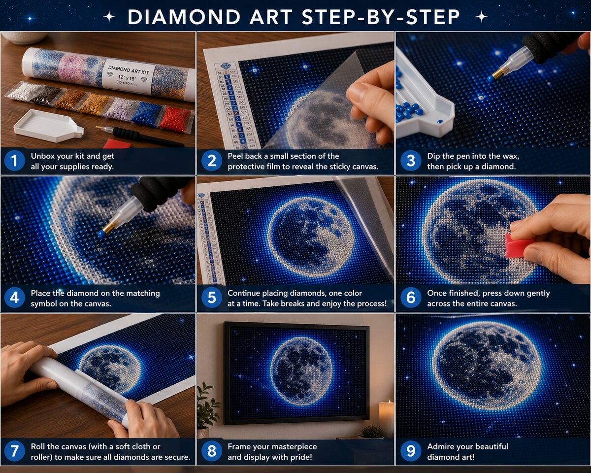 Nine step instructions for completing a diamond painting kit from unboxing to framing | Azurra Shop