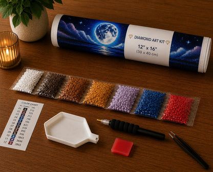 Diamond painting kit supplies including rolled canvas, numbered diamond bags, tray, and applicator pen | Azurra Shop