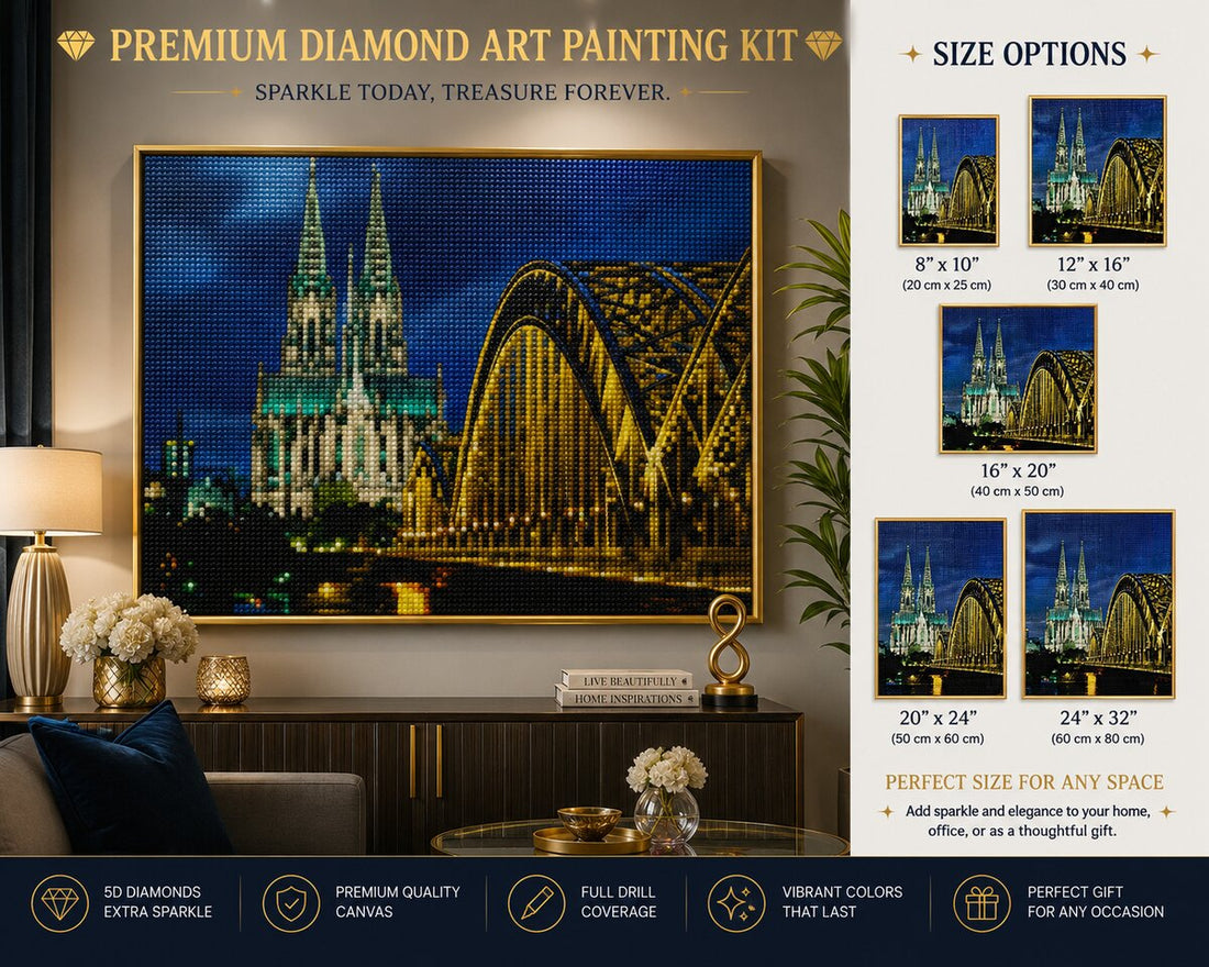 Cologne Cathedral diamond painting kit framed artwork displayed on a wall | Azurra Shop