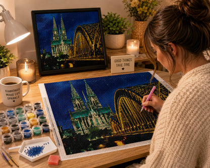 Working on the Cologne Cathedral diamond painting kit at a cozy desk | Azurra Shop