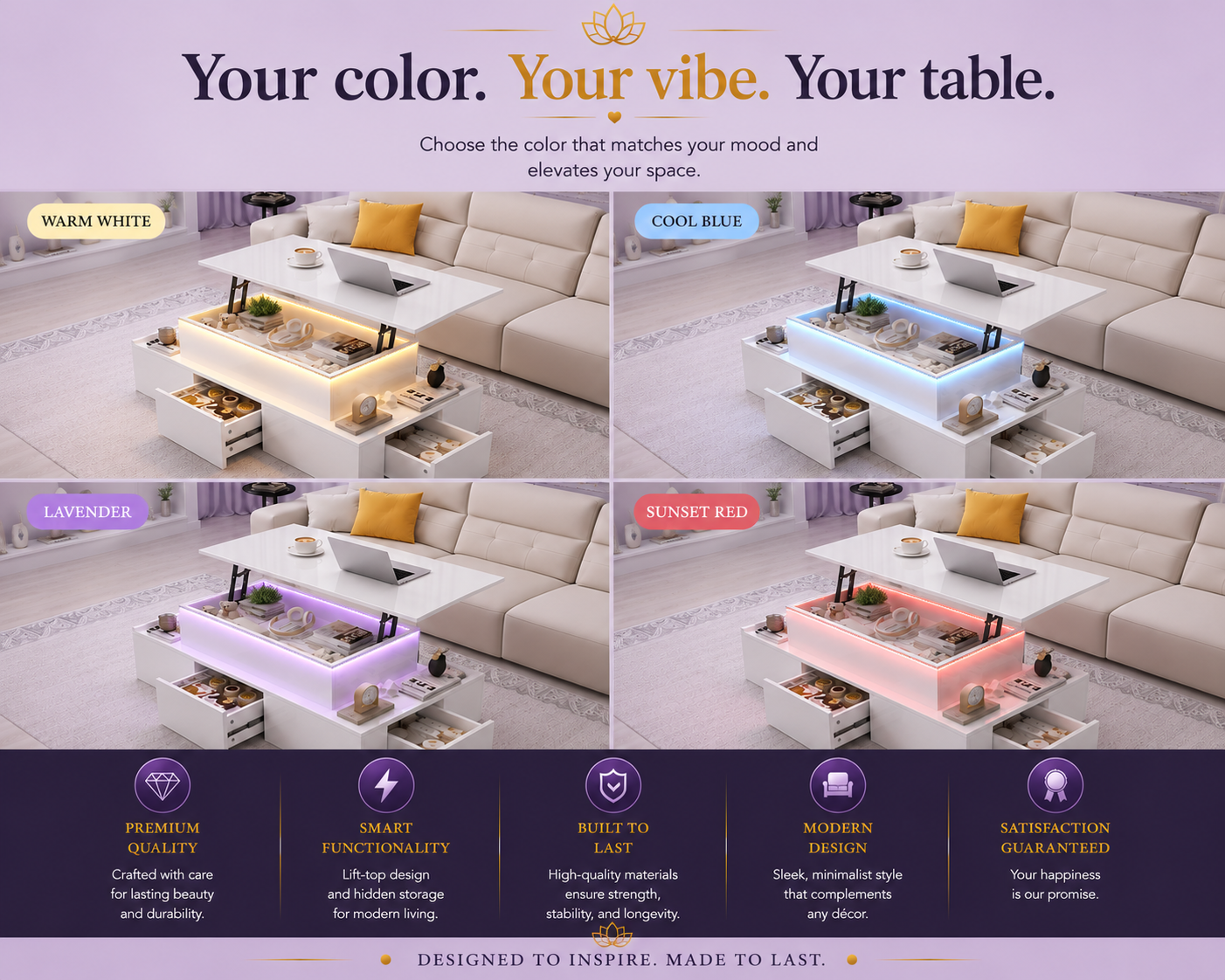 Lift-Top Coffee Table with LED Lights &amp; 4 Drawers — White