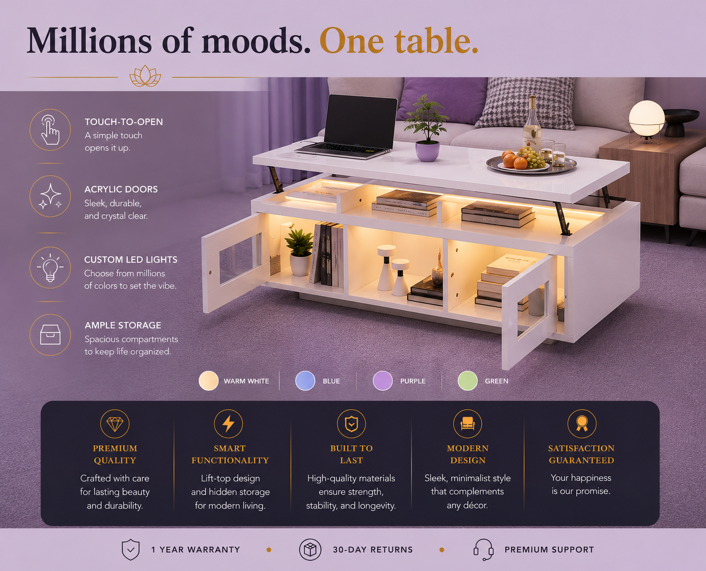High Gloss Coffee Table with LED Lights &amp; USB Charging — White